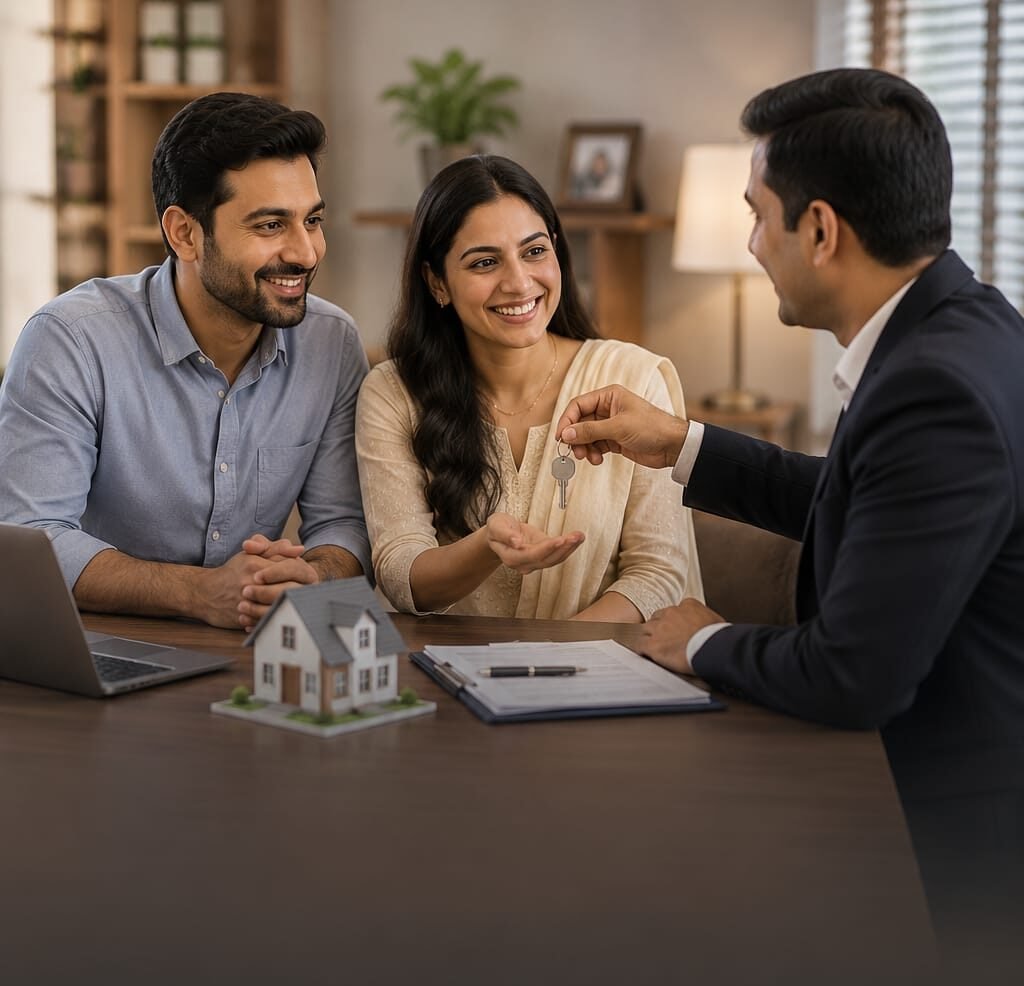 Indian family discussing a home loan with a professional consultant in a modern office.